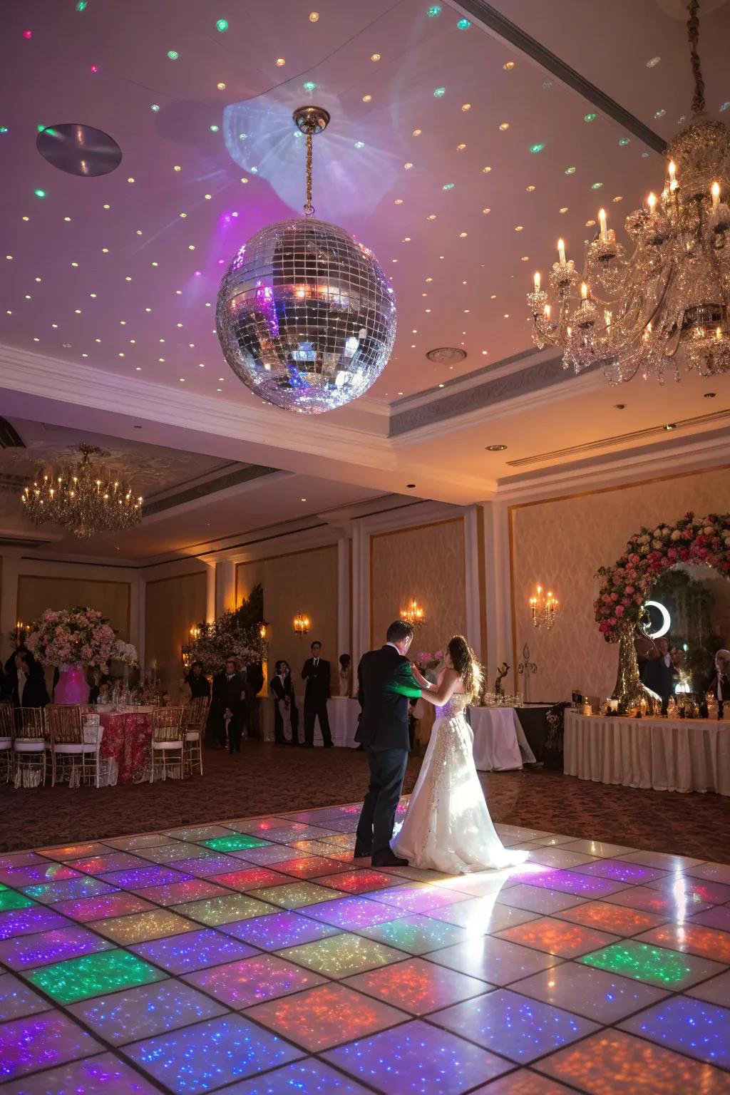 Shining sphere adding glitz and sparkle to the wedding dance floor.