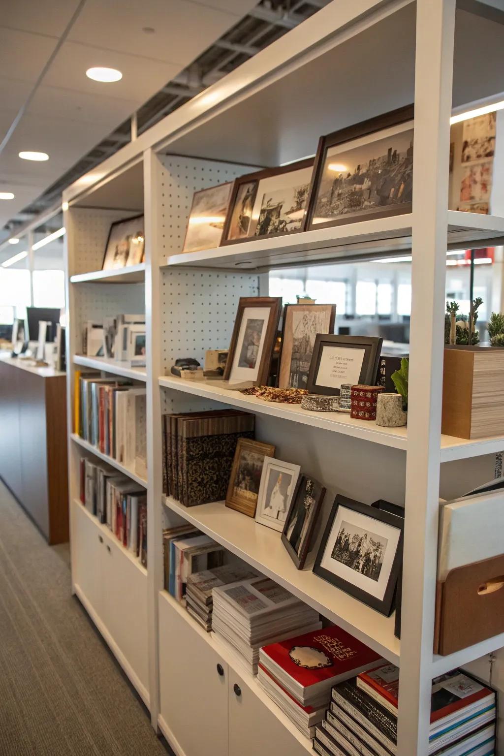 Personal collections add individuality to the office d&eacute;cor.