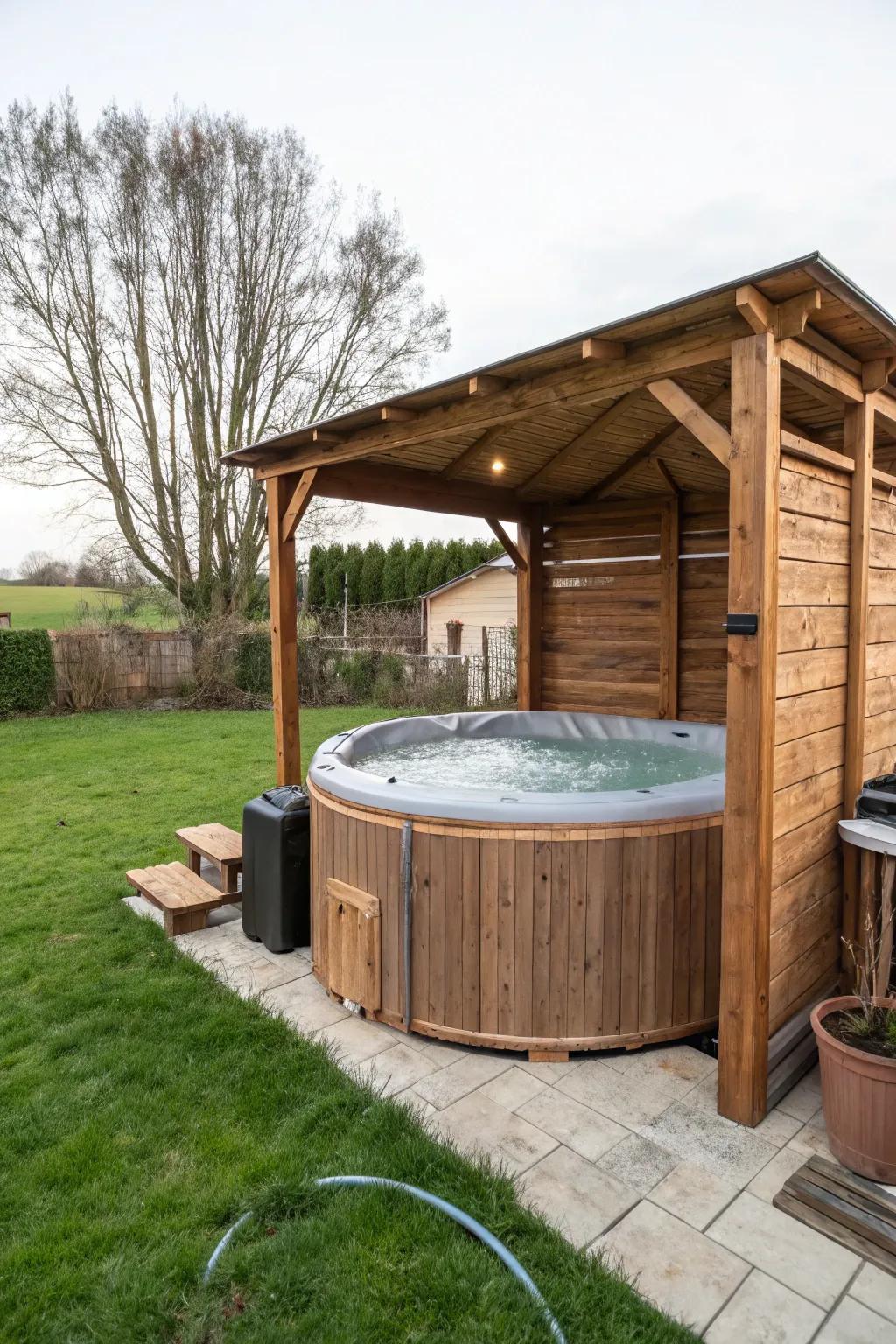 A timber enclosure introduces a rustic allure to the hydro-haven.