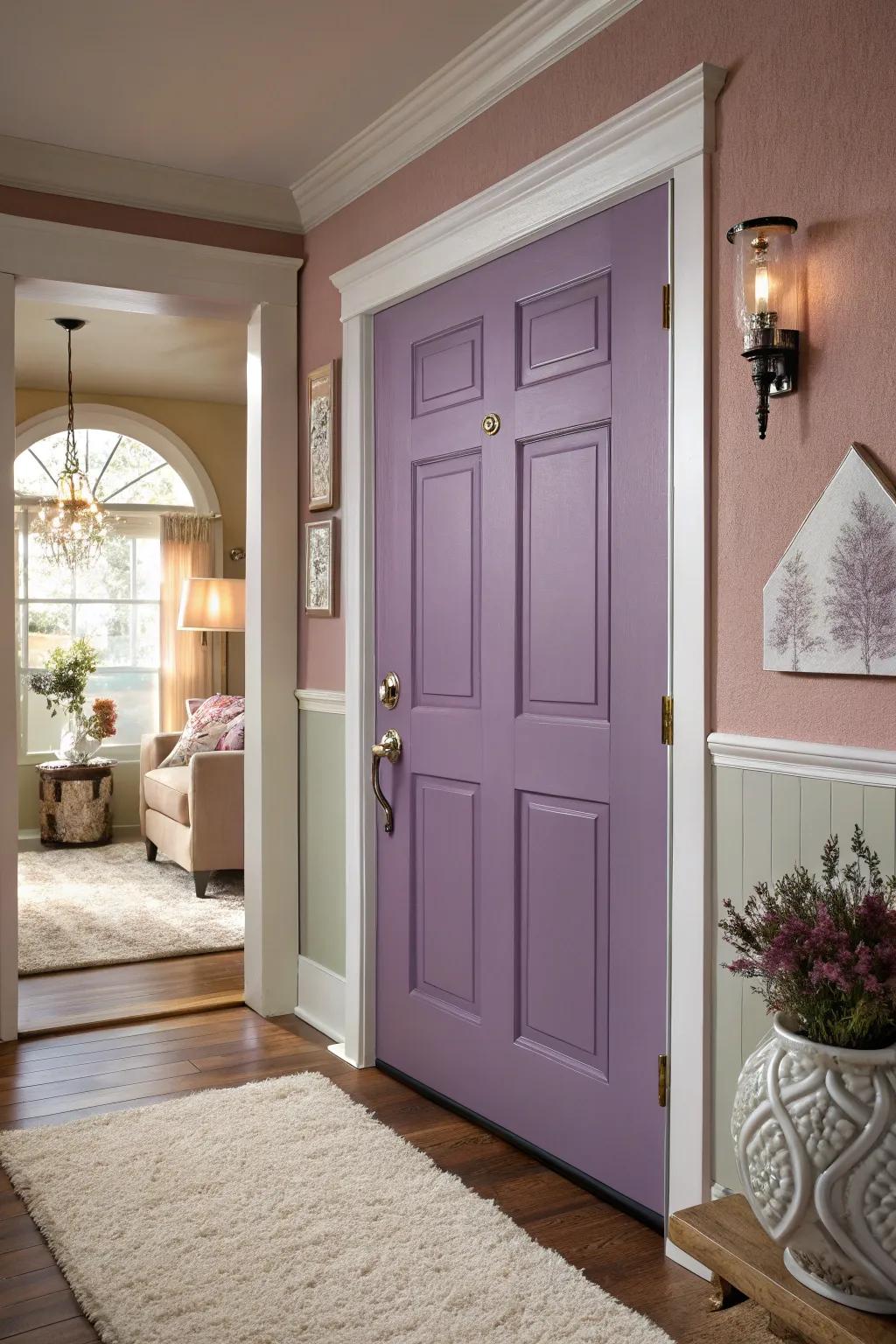 A subtle lilac entrance providing a subtle charm to the entryway.
