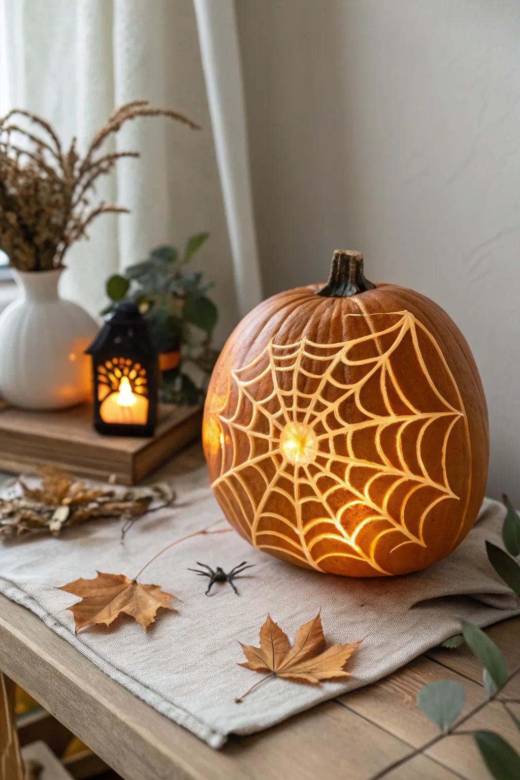 Brighten your Halloween with a hint of elegance: a flawlessly crafted arachnid web jack-o'-lantern.