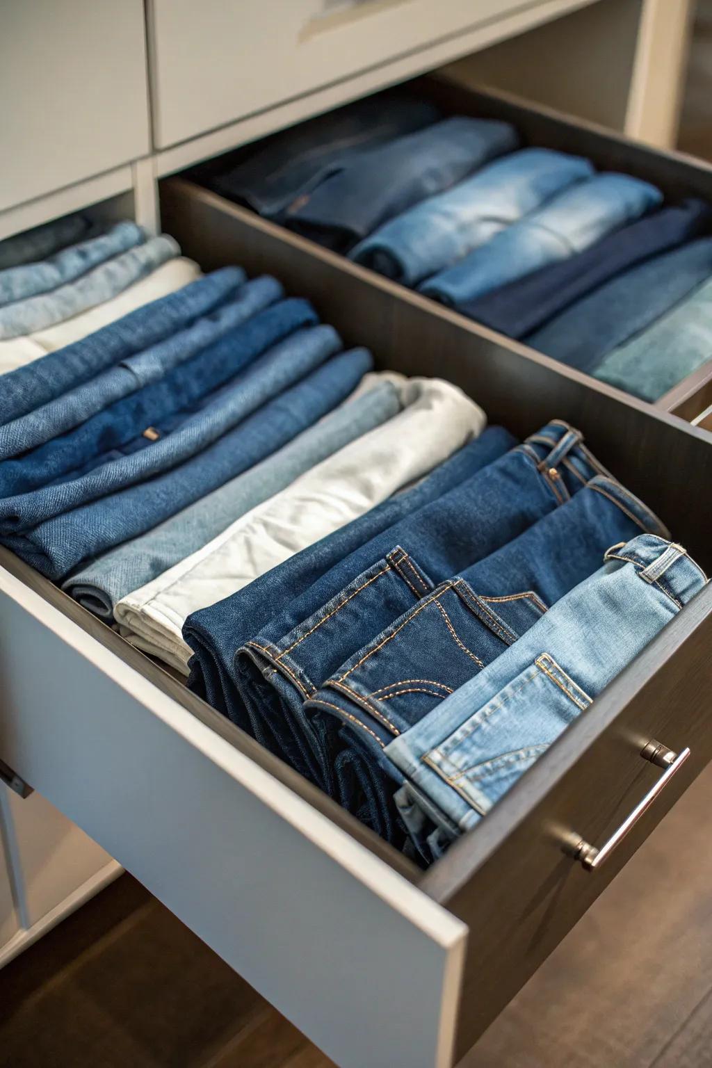 A dedicated jeans drawer keeps your denim collection organized and accessible.