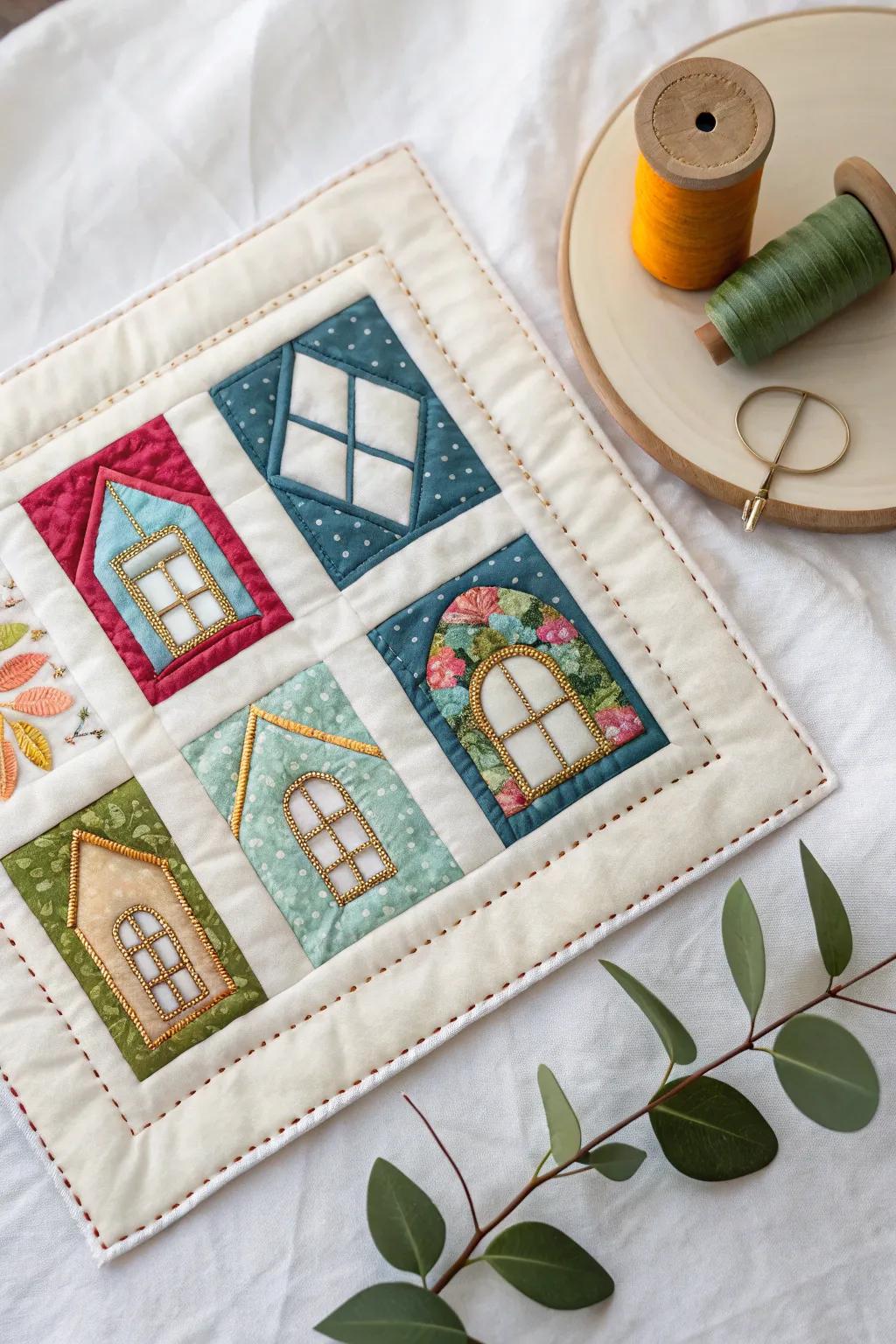 Peek through the quirky panes&mdash;each quilt block tells a story of color and craft.