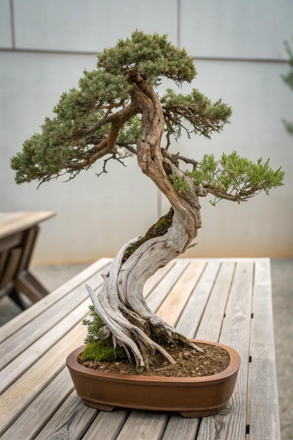 A sanded wood juniper bonsai blending seamlessly with natural wood.