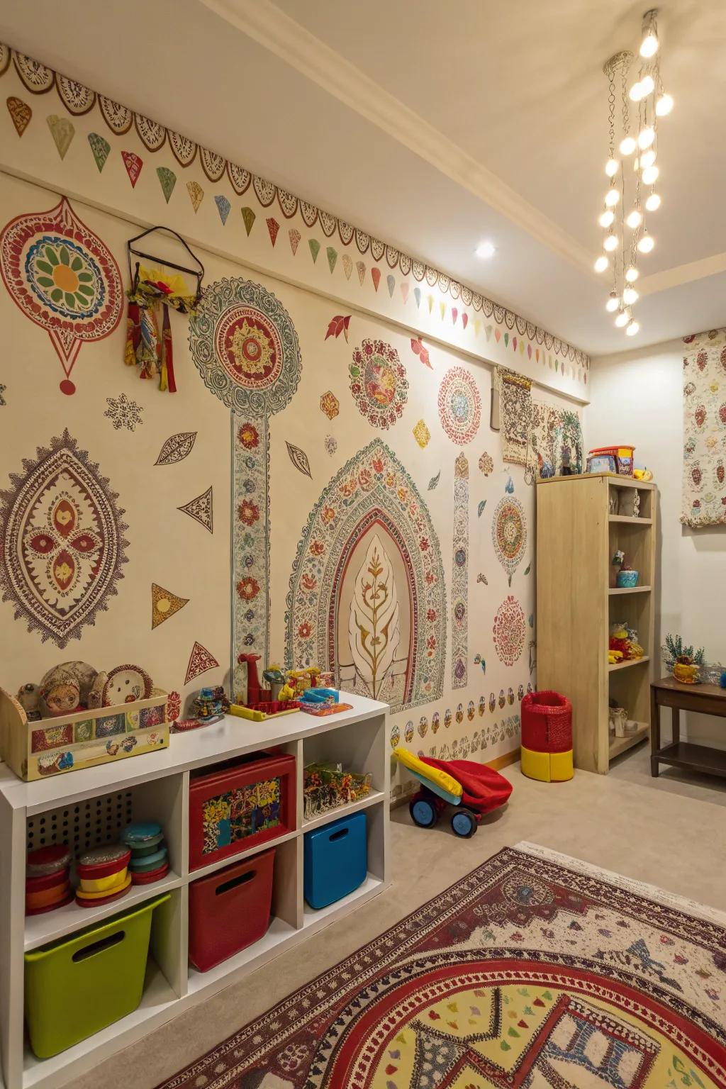 A playroom through cultural motif wall decoration interweaving personal heritage into the design.
