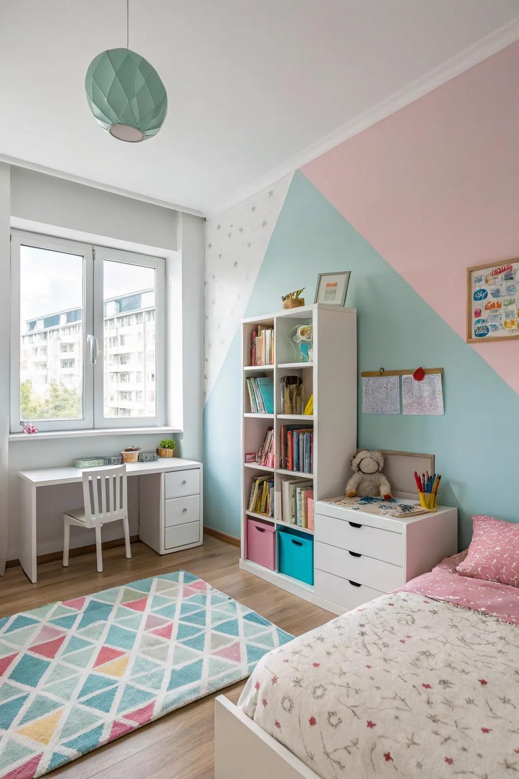 Dual tone walls define zones with balanced style.
