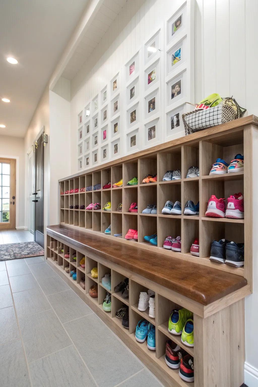 Entryway cubbies streamline mornings.