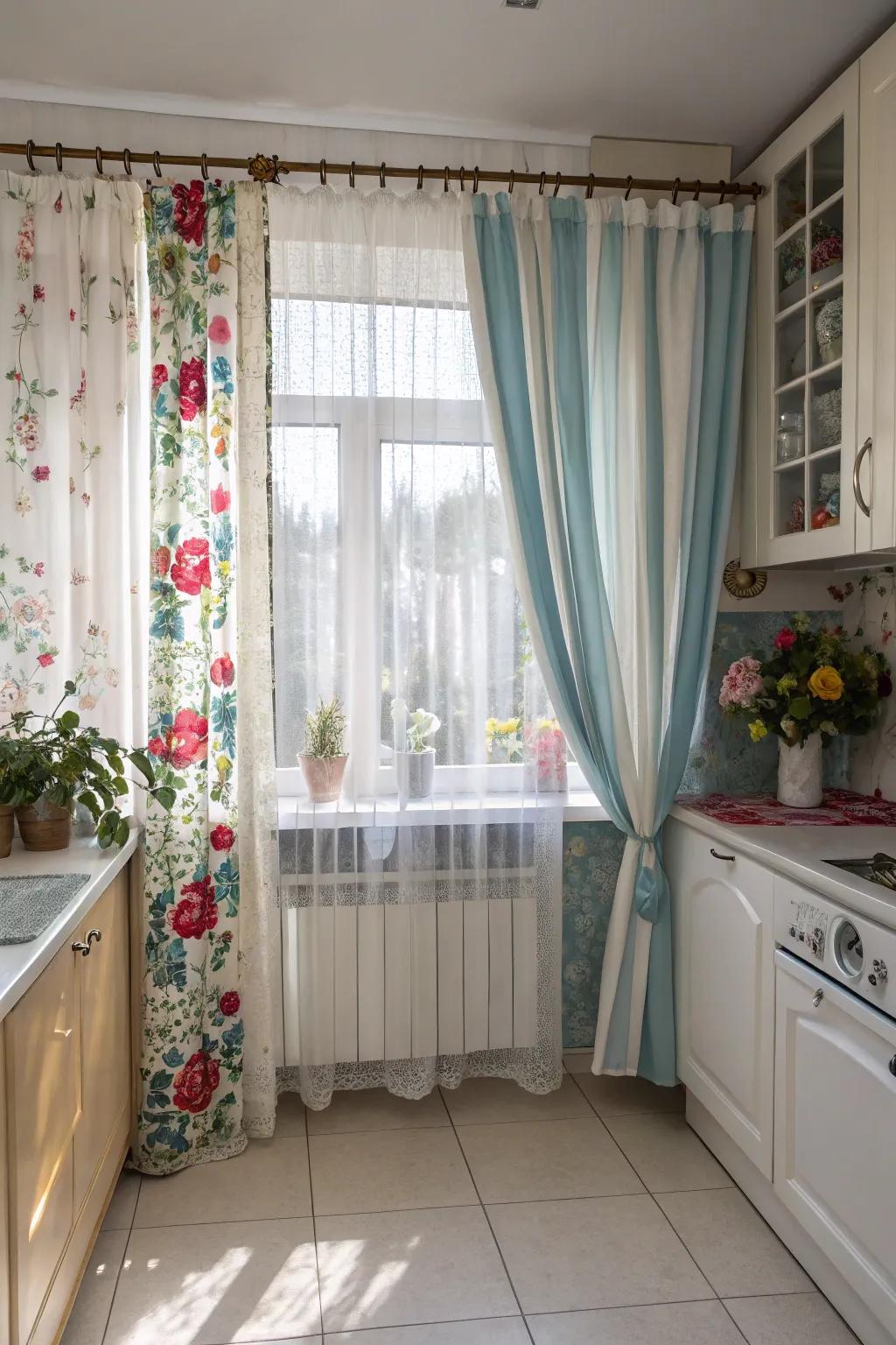 Blend and match curtains for a daring and varied kitchen design.