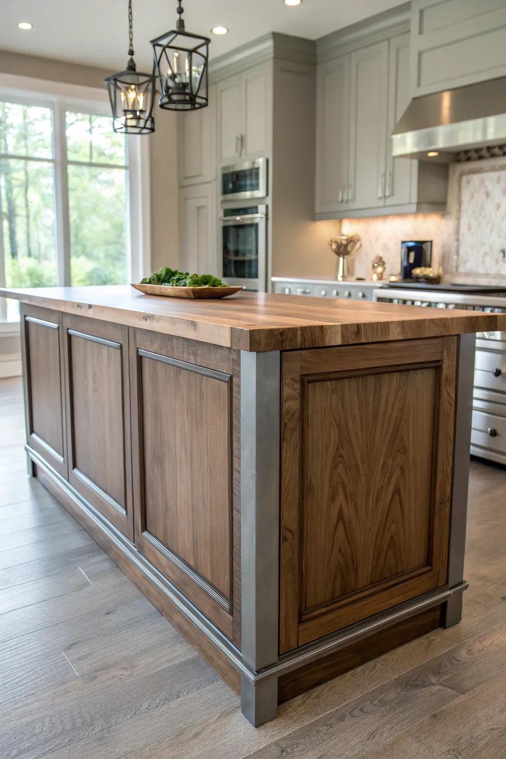 Stylish island with a mix of wood and metal trim for a multi-dimensional look.