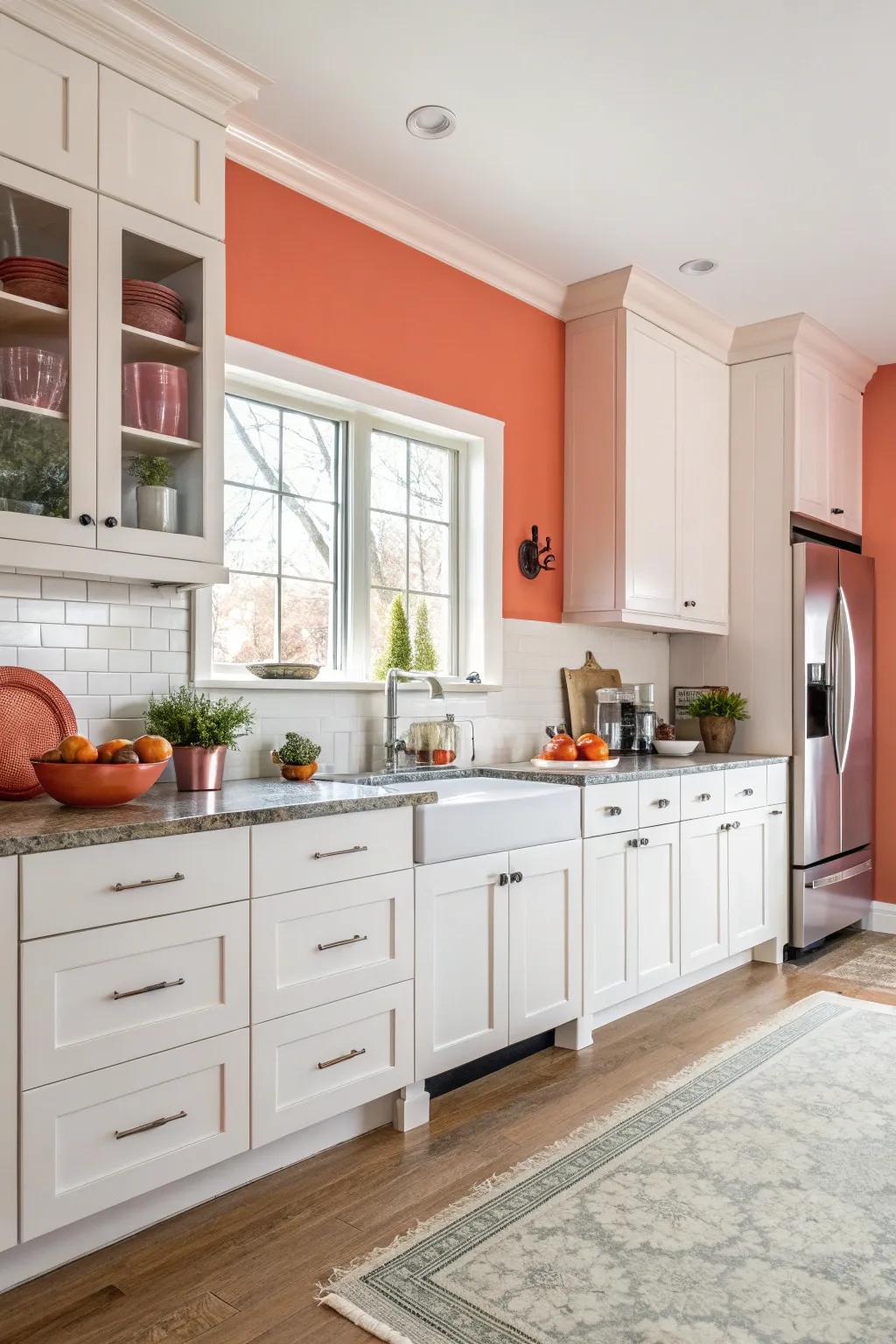 Bold mandarin walls provide a vibrant and energetic contrast.
