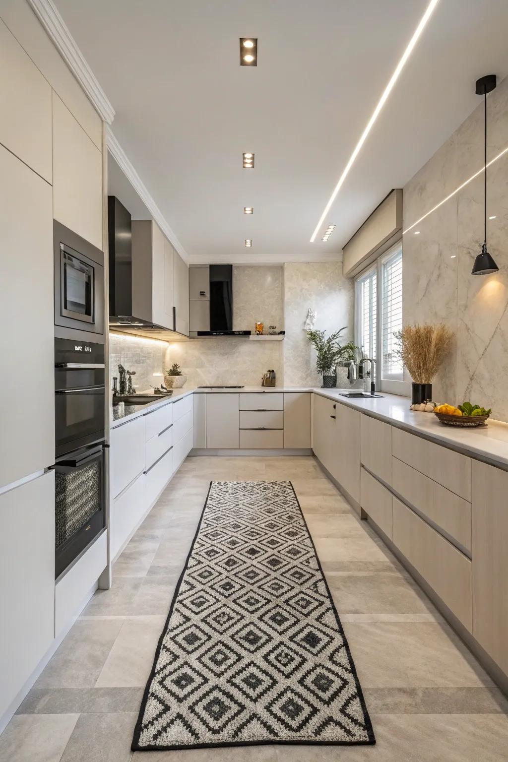 Uniformity in rugs cultivates a streamlined and harmonious aesthetic in minimalist kitchens.