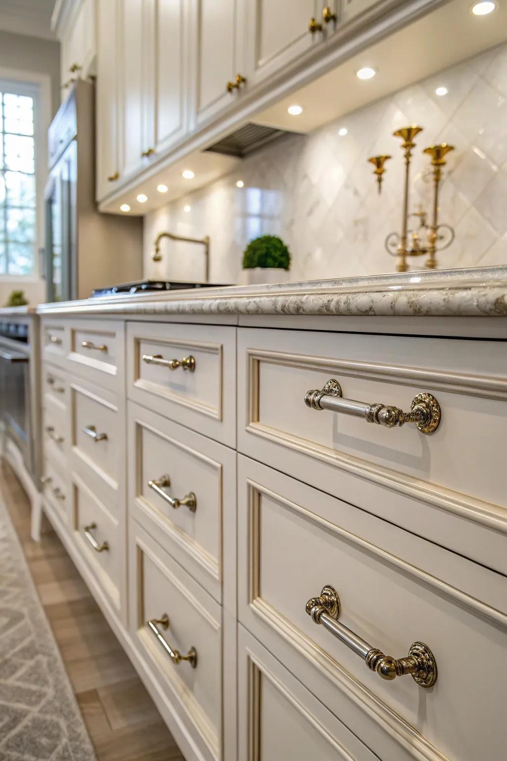 Glamorous hardware adding design to the cooking area.