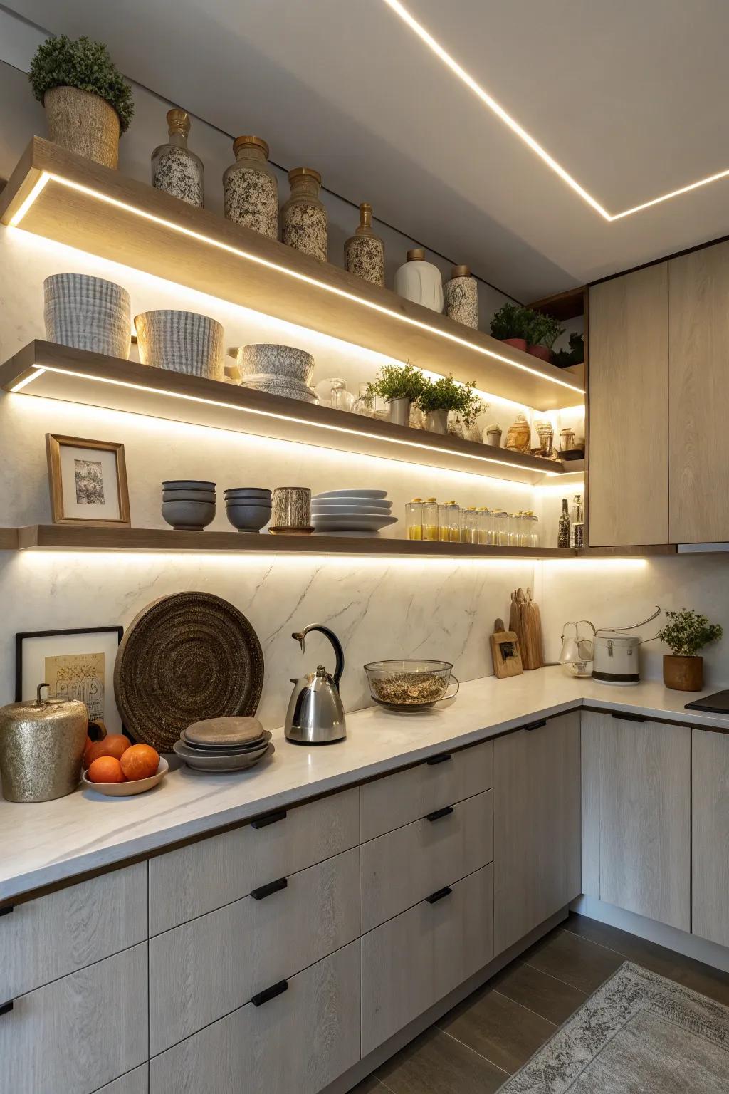 Make your elevated shelves a focal point with strategic lighting.