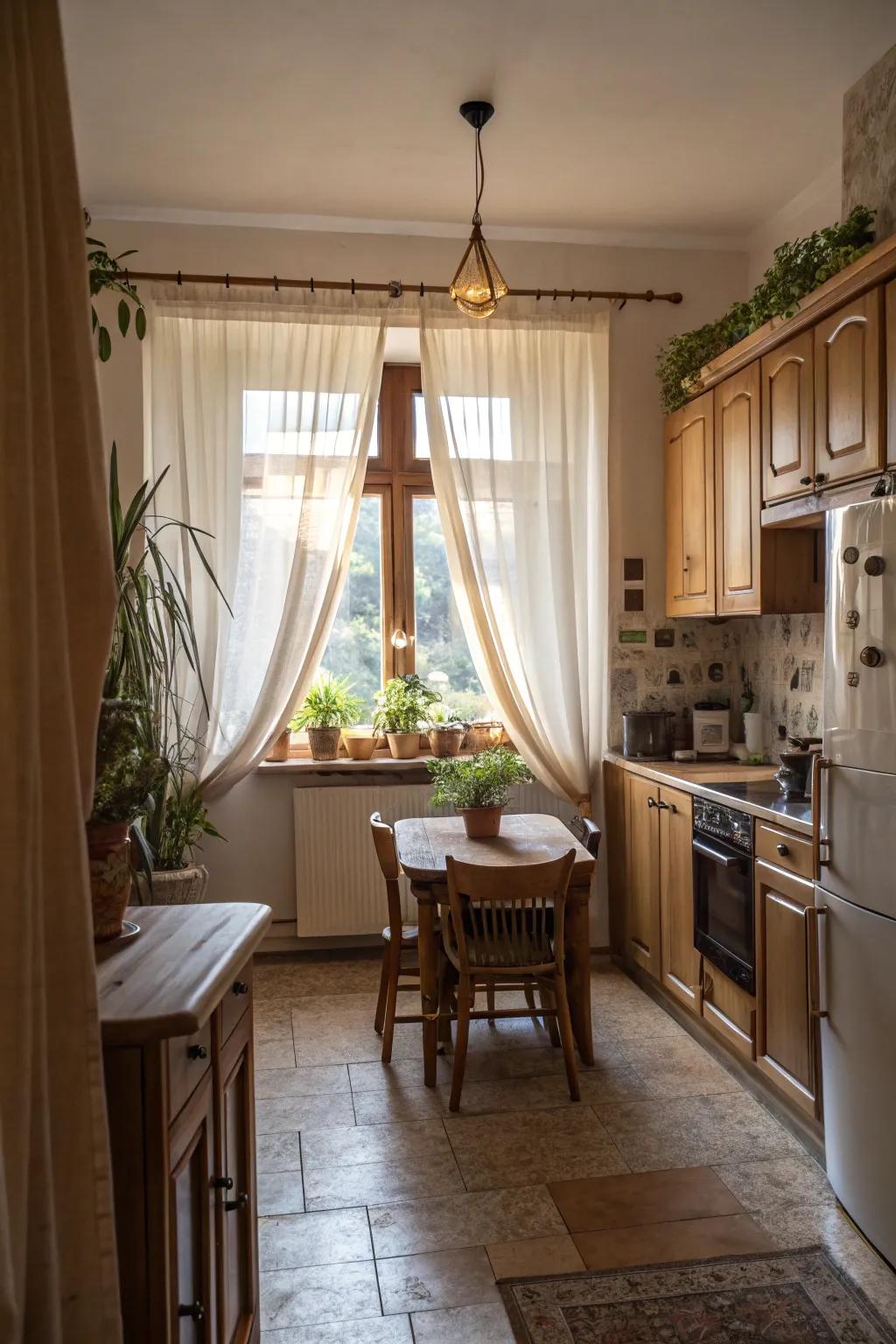 Ground-length curtains inject theatricality and style into any kitchen.