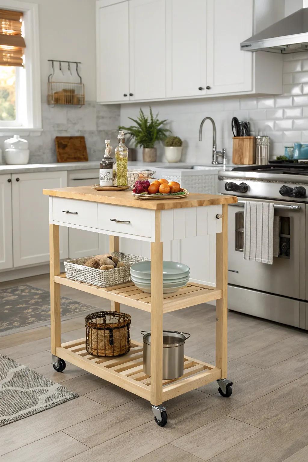 A rolling island cart provides versatile and movable kitchen space.