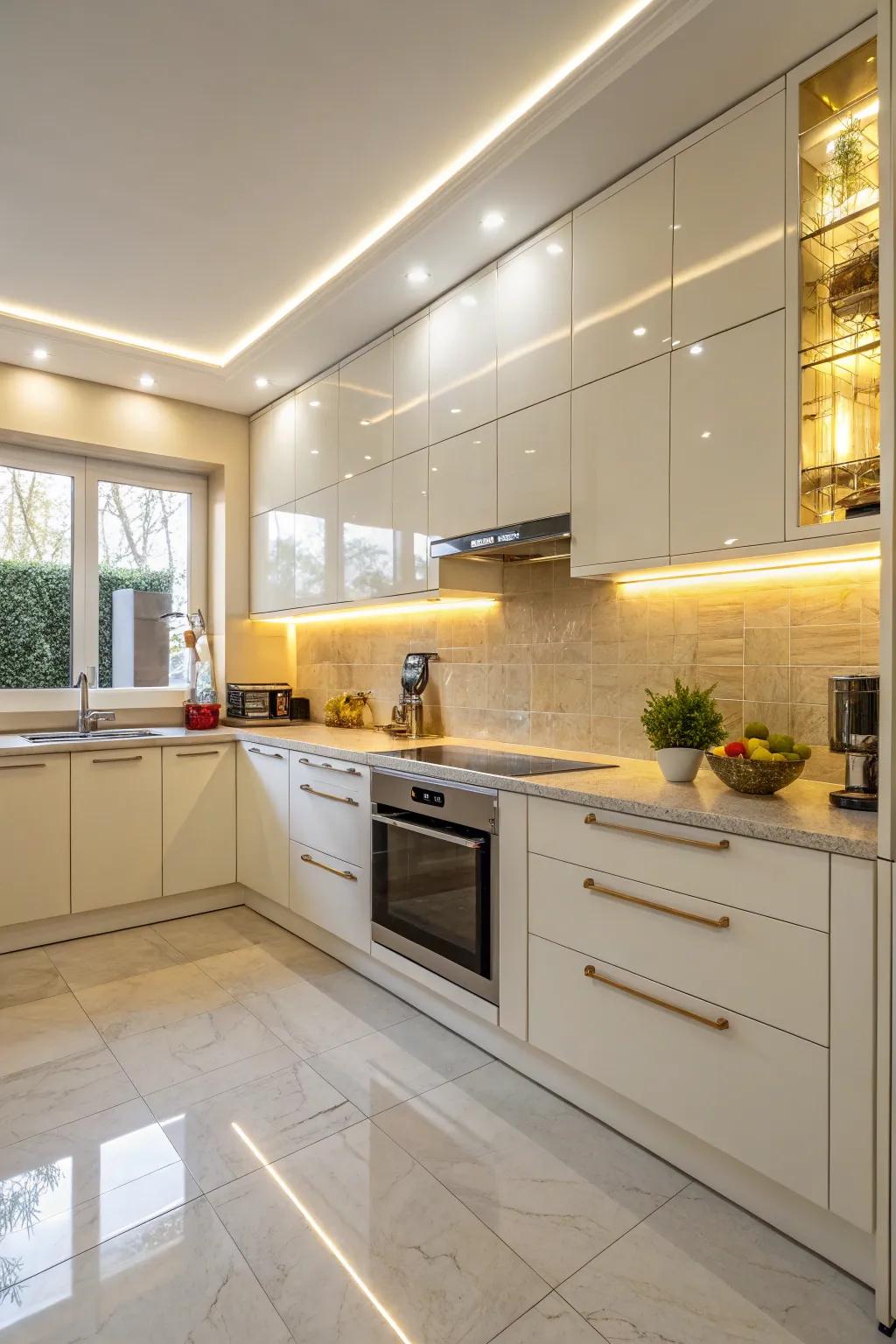 Shiny composite backsplash reflects light to brighten the space.