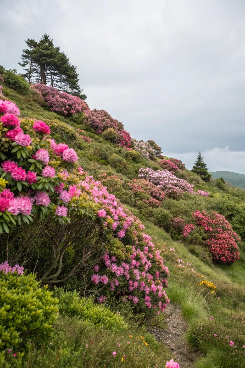 Rhododendrons furnishing steadiness and splendor on a garden gradient.