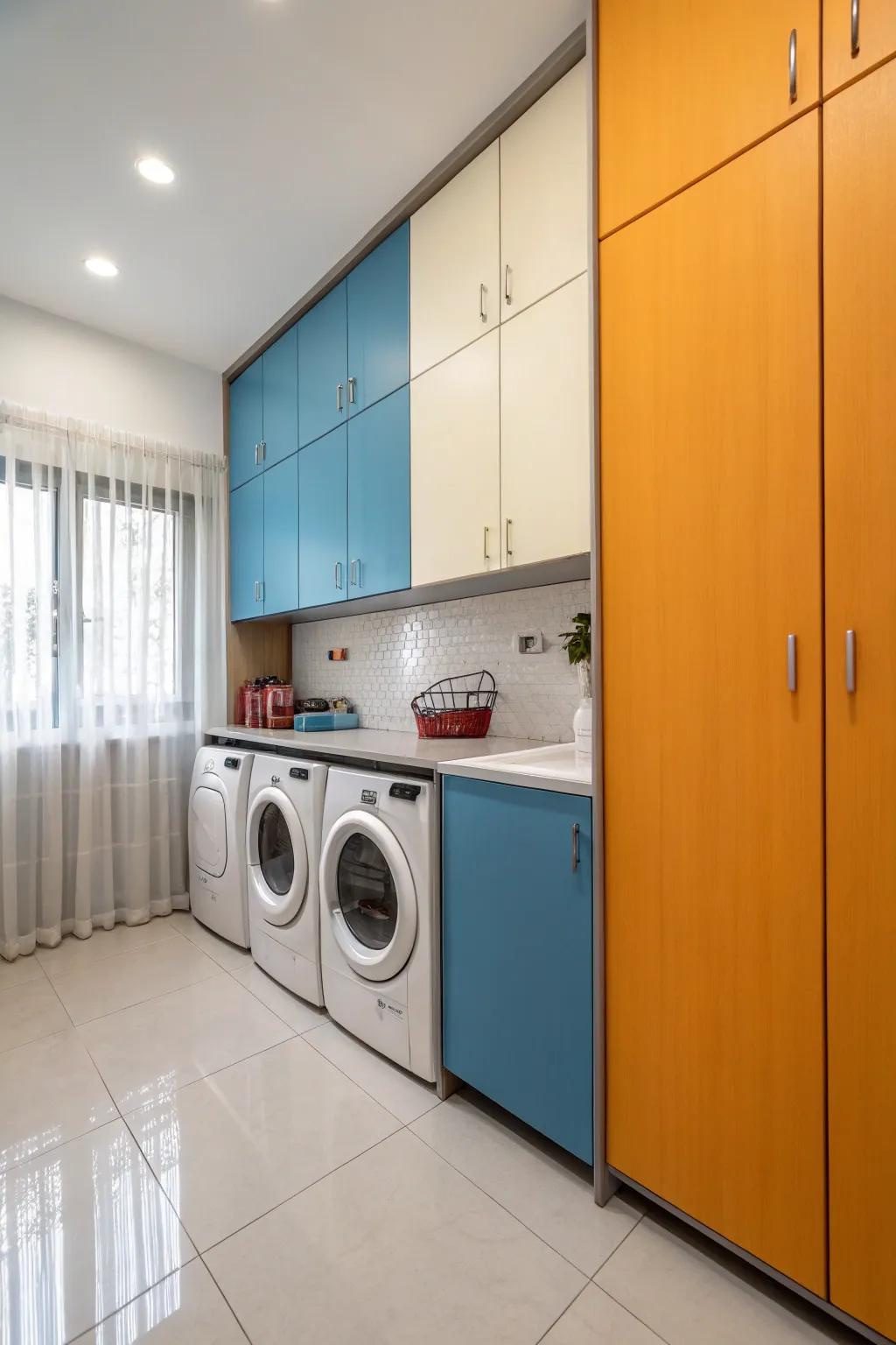 Color-blocked cabinets impart a playful and customized accent.