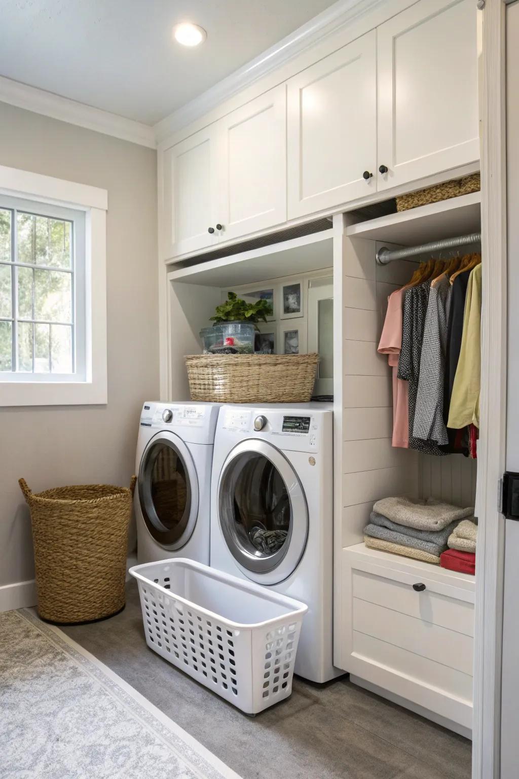 A built-in hamper keeps your laundry area tidy and efficient.