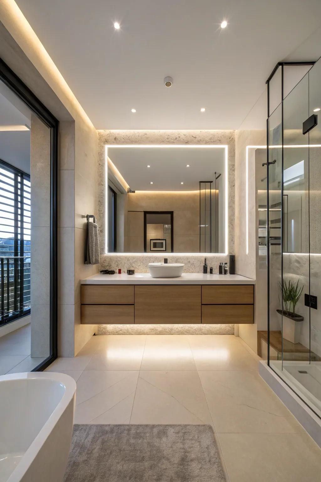 A modern lavatory with a light-emitting diode reflective surface that fashions a floating illusion.