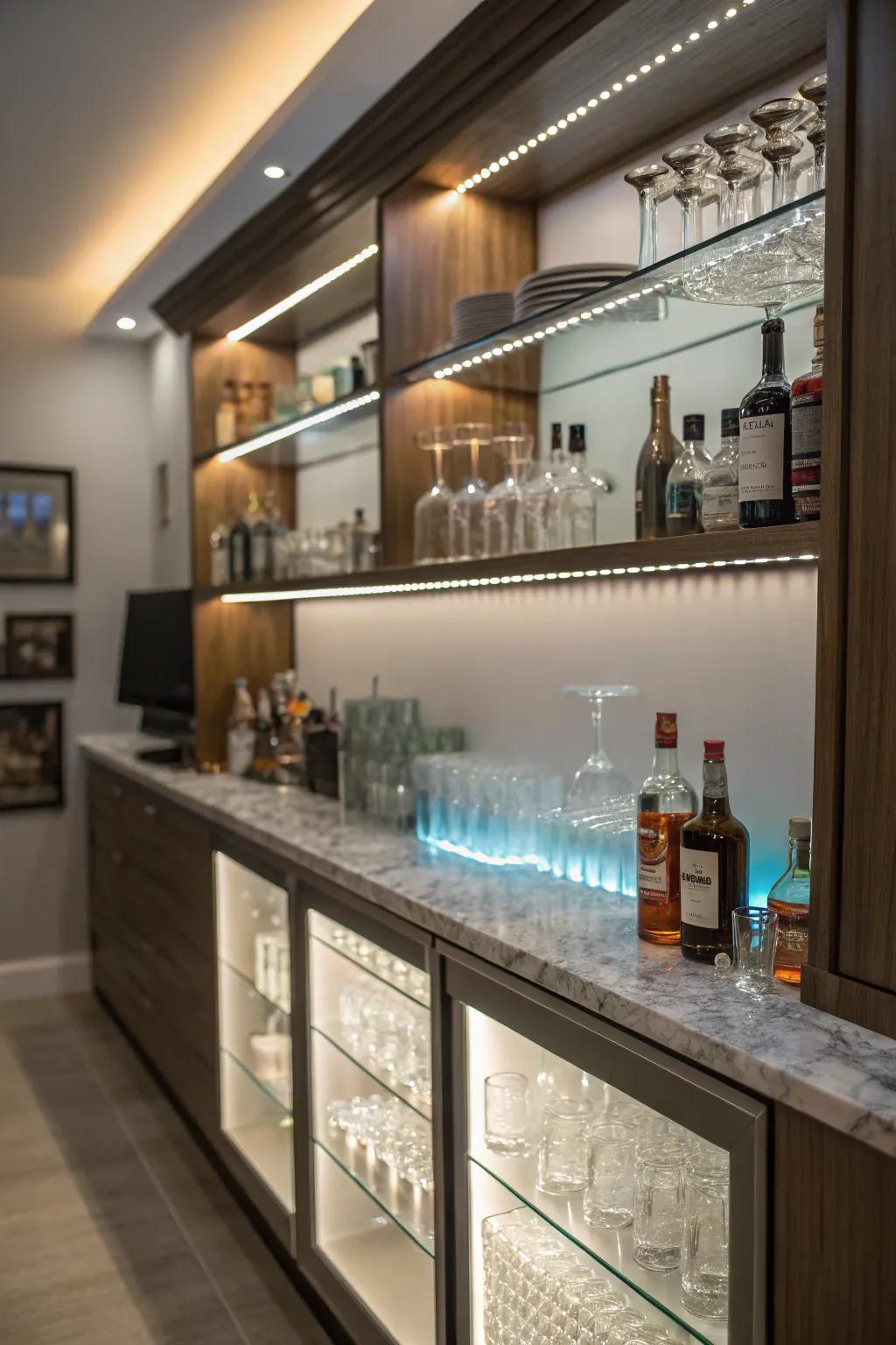 Sophisticated home bars showcasing LED lighting.