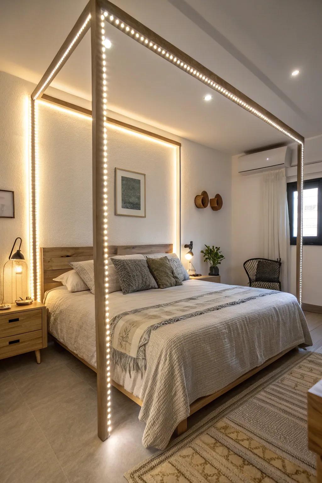 A cozy atmosphere is created by a bed framed with luminous diodes bars.