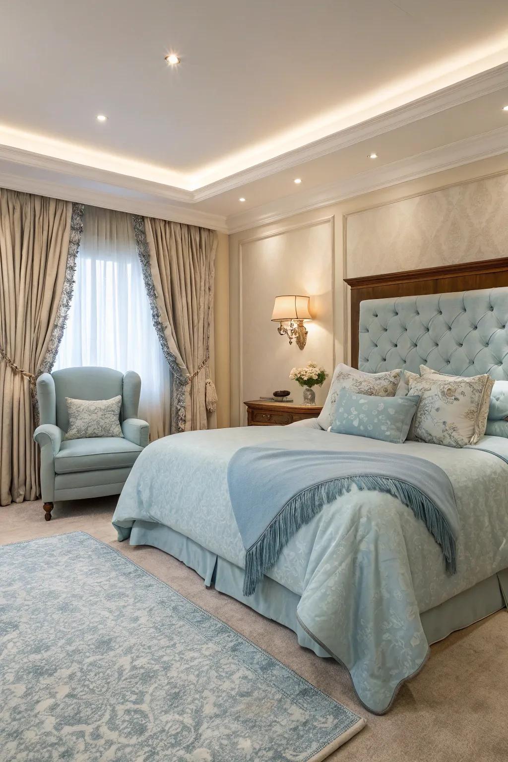 A luxurious bedroom featuring light blue tones with plush textiles for added comfort.