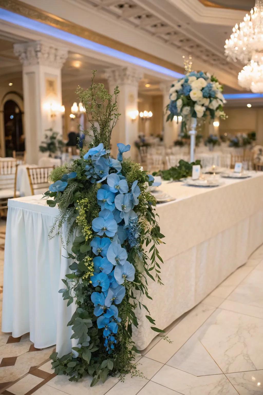 Lavish festoon with azure orchids and verdure.