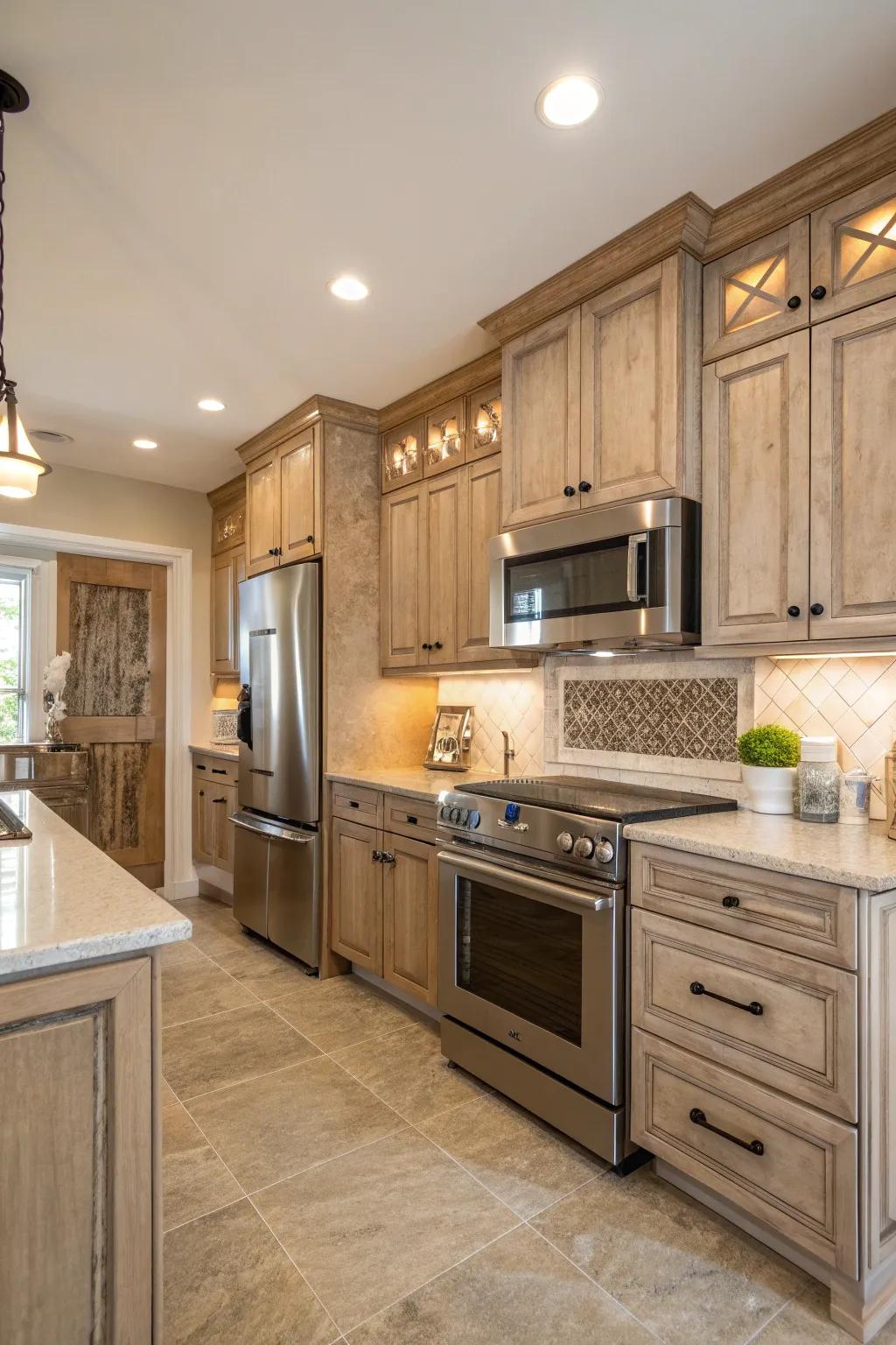 Achieve a harmonious mix of new-age and down-to-earth styles in your kitchen design. <strong><em>Feel the blended harmony!</em></strong>&rdquo; loading=&rdquo;lazy&rdquo; class=&rdquo;pimg&rdquo;>
	</picture><figcaption>Achieve a harmonious mix of new-age and down-to-earth styles in your kitchen design. <strong><em>Feel the blended harmony!</em></strong></figcaption></figure>
<p>Combine new-age elements with down-to-earth features for a kitchen that&rsquo;s both stylish and comfortable. Think polished appliances paired with aged wood finishes&mdash;a harmonious mix of old and new.</p>
<h3>Possibly handy products:</h3>
<ul class=