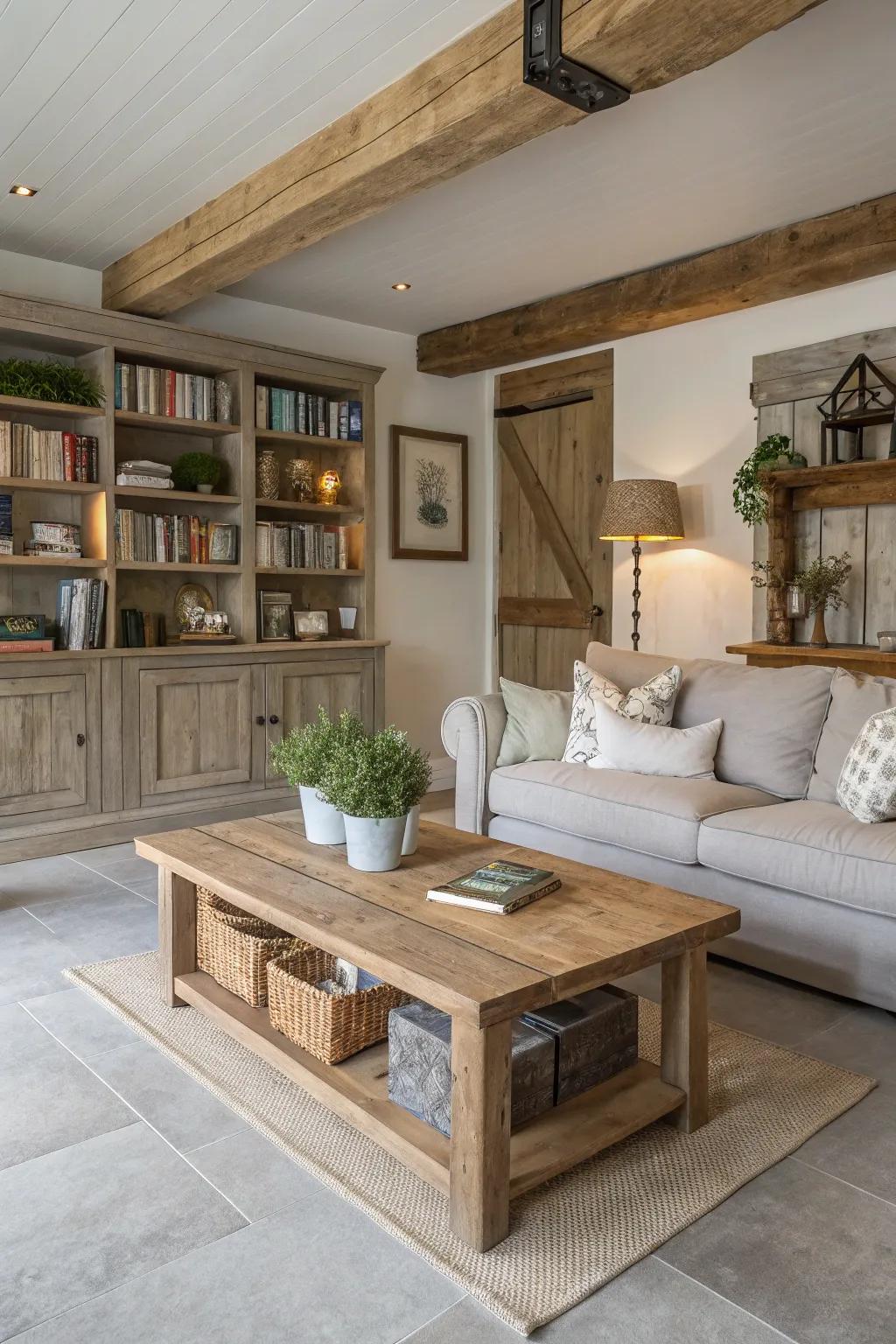 A rustic chic living room with light grey flooring.