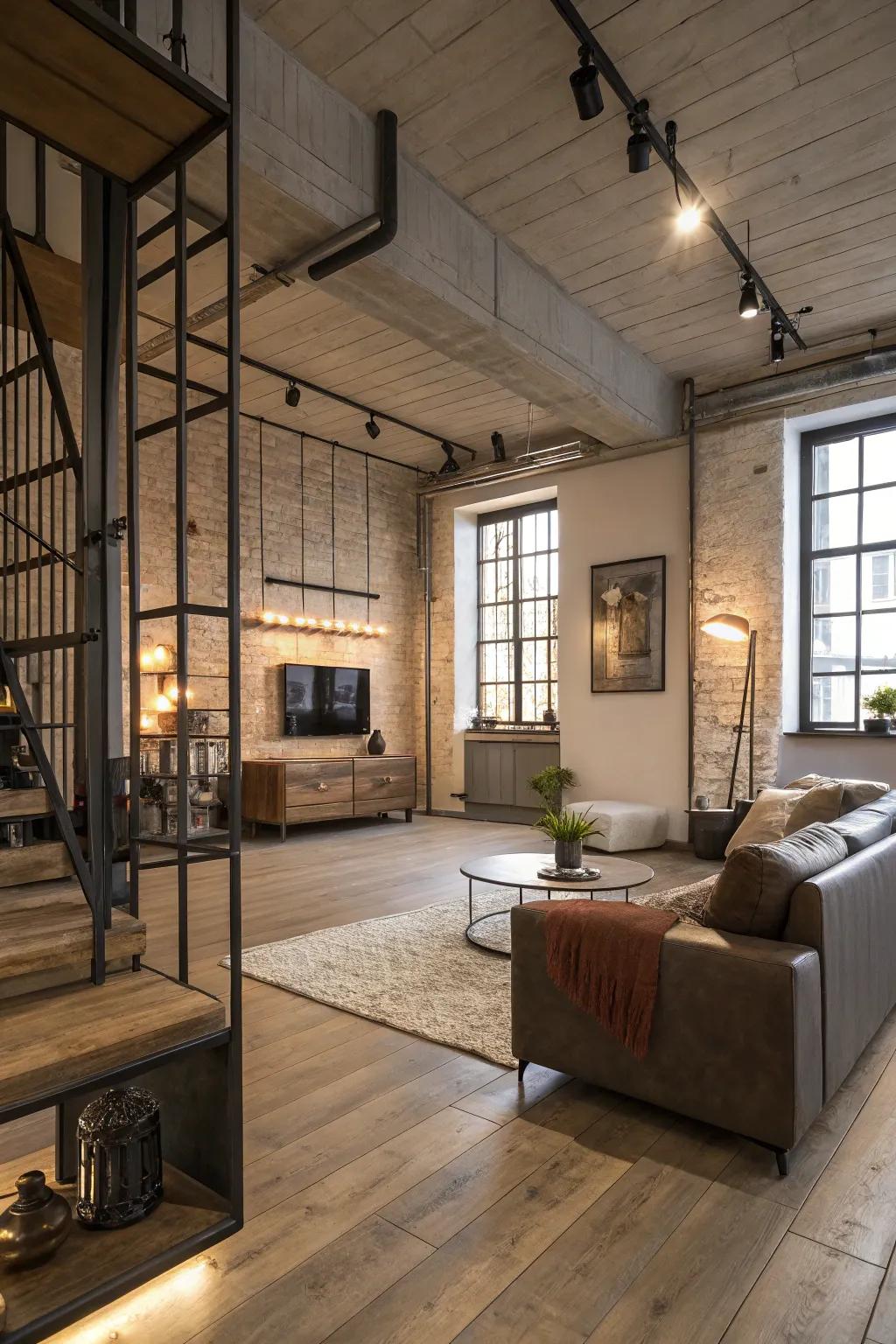 An industrial-style living room where light wood floors soften the edgy design.