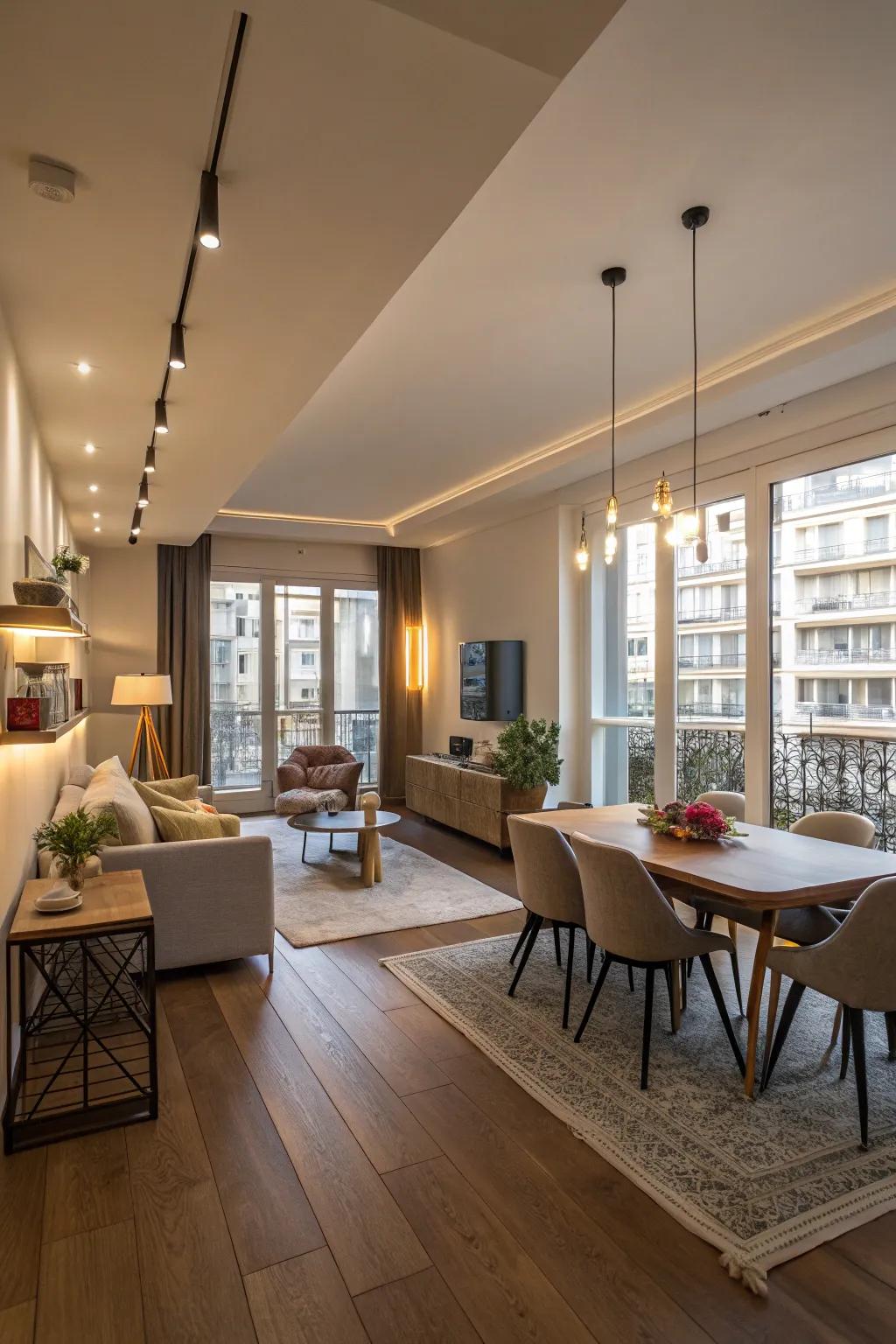 Illumination zones efficiently demarcate spaces within open-plan apartments.