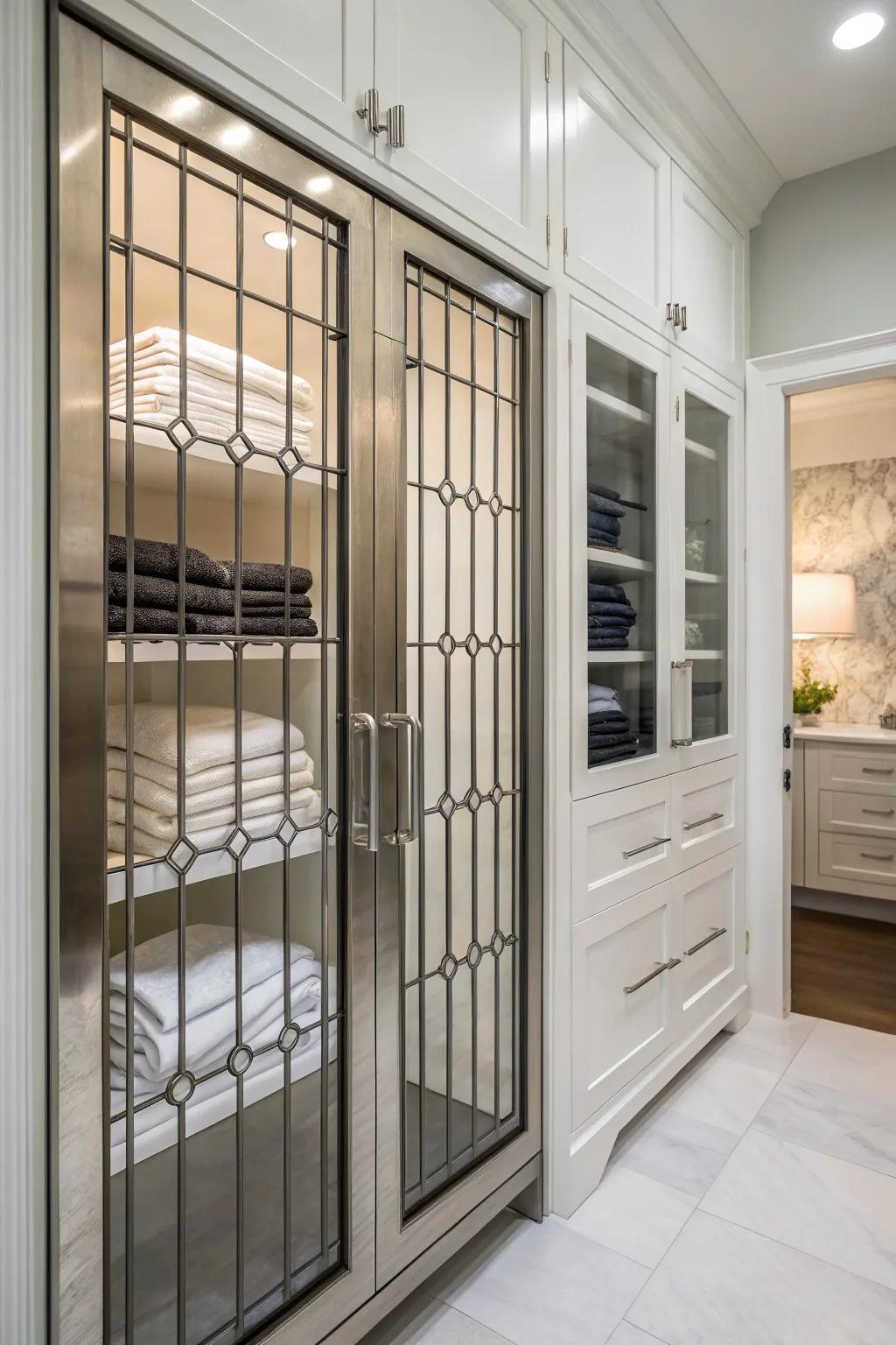 Metal latticework adds a modern edge and ventilation to a linen closet.