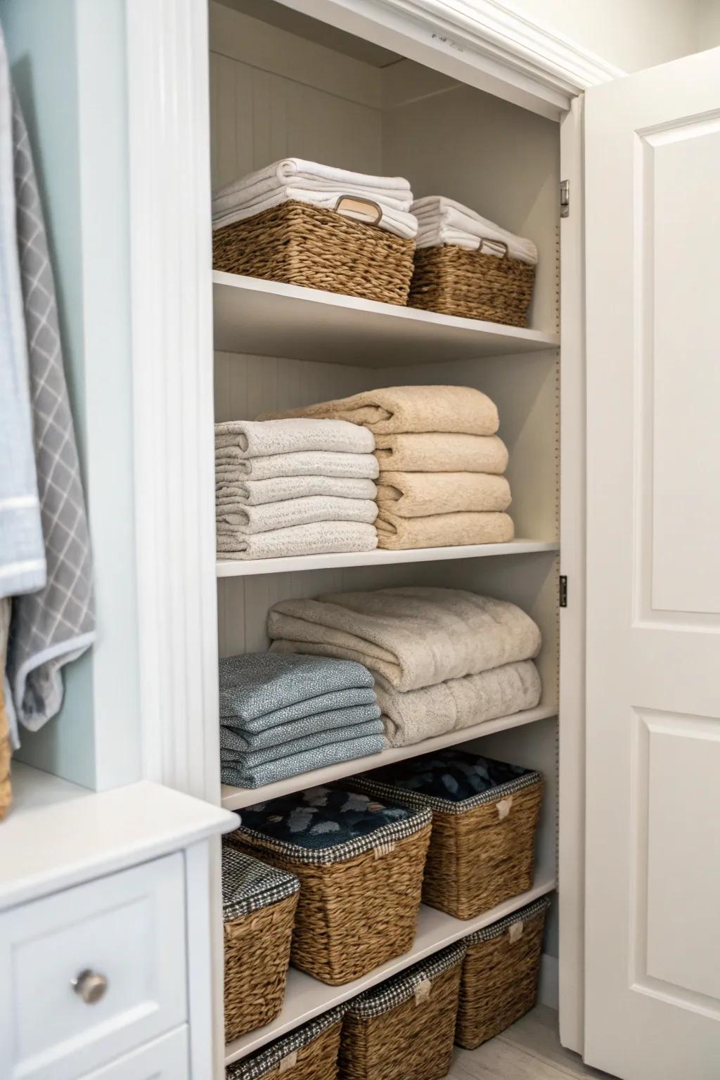 Corner shelves forge additional storage space inside a linen closet.