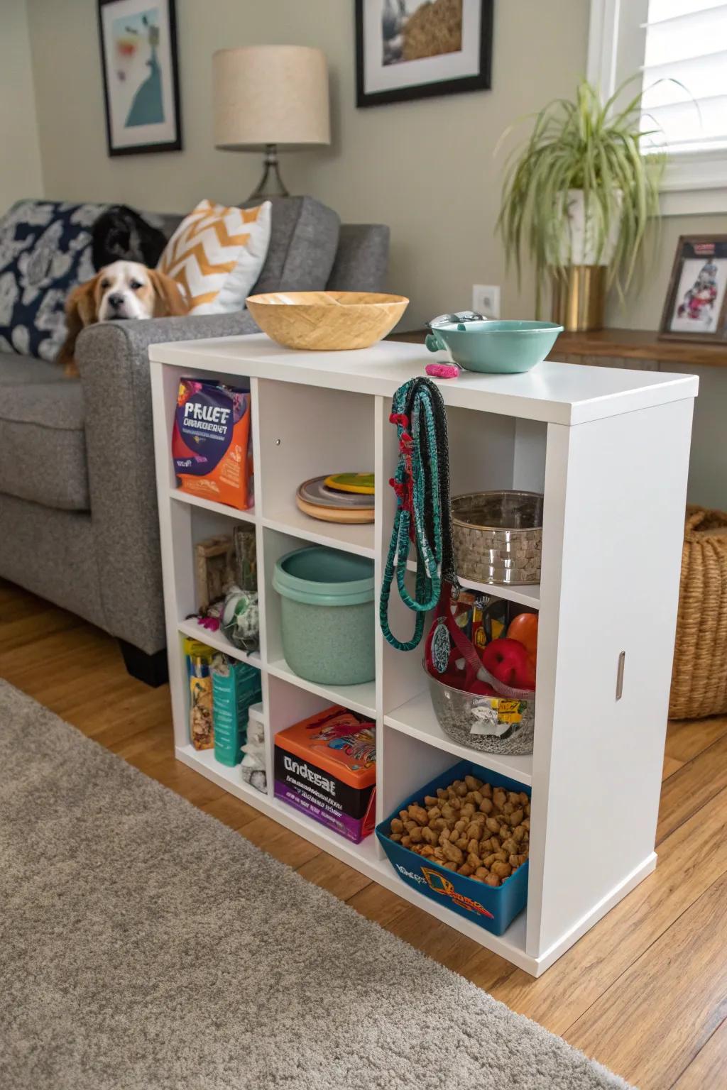 Pet-accommodating arrangement employs modular shelving for a neat home.