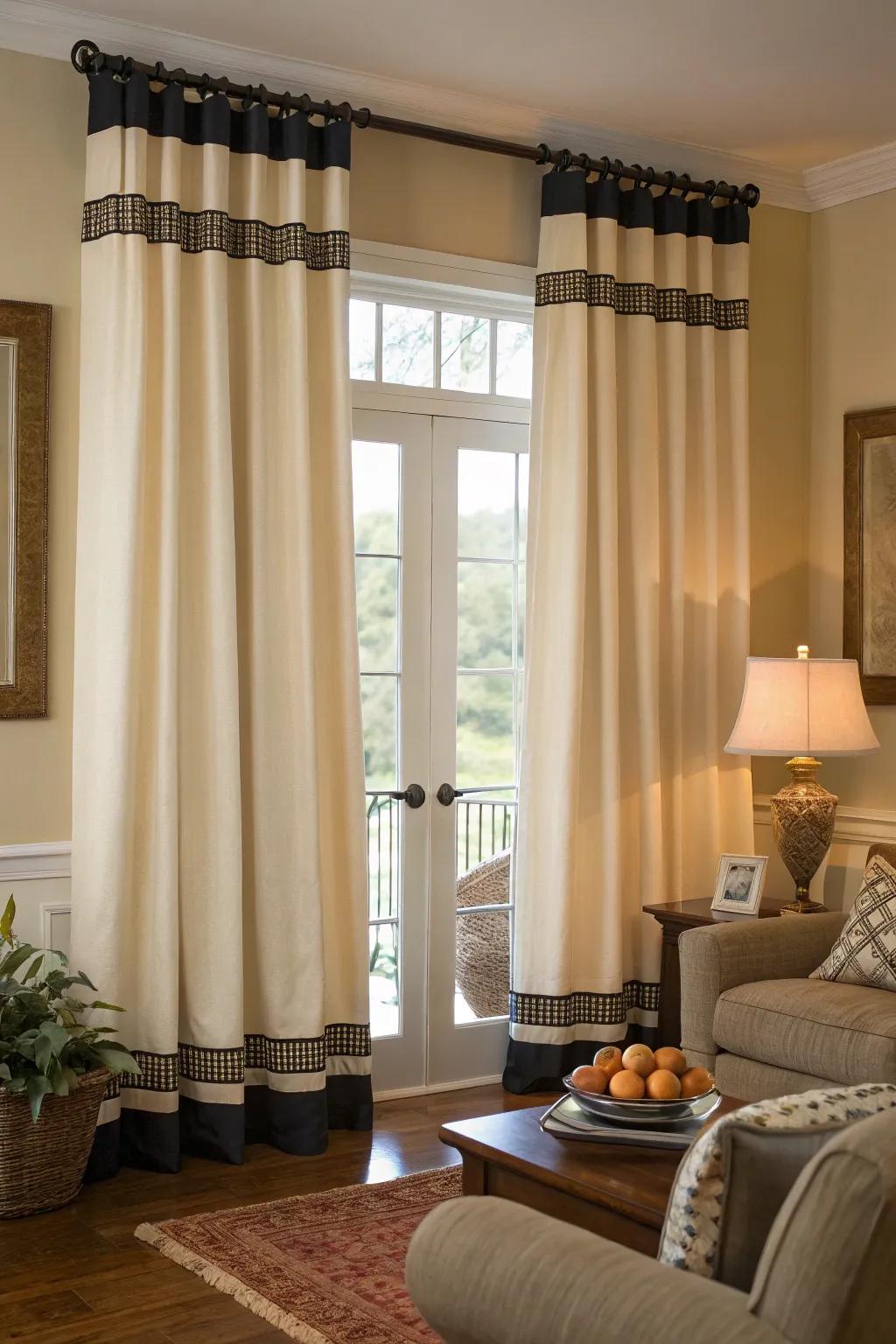 Delineating borders adorning curtains are capable of elegantly framing the fenestrations of your living space.