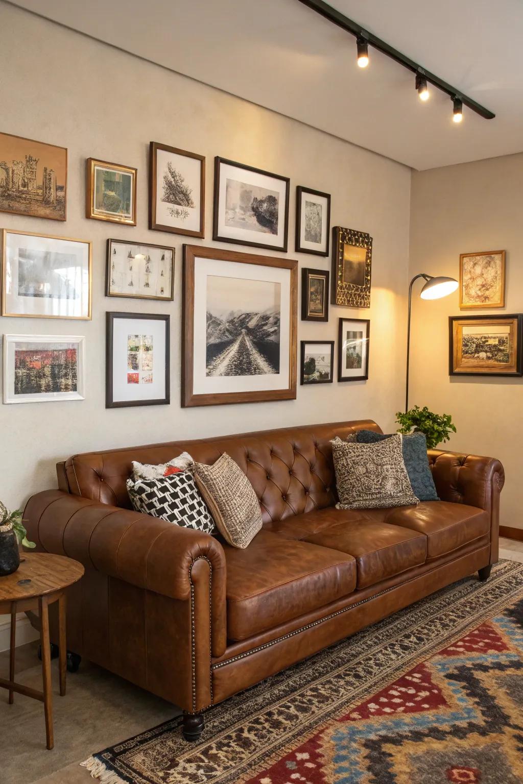 A showcase of wall art adds personal flair and visual emphasis, transforming the space.