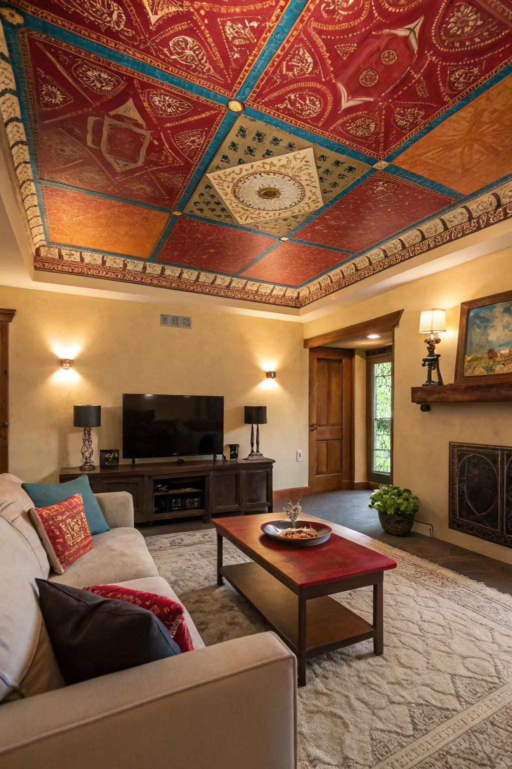 A striking overhead surface incorporates personality and depth to the living space.