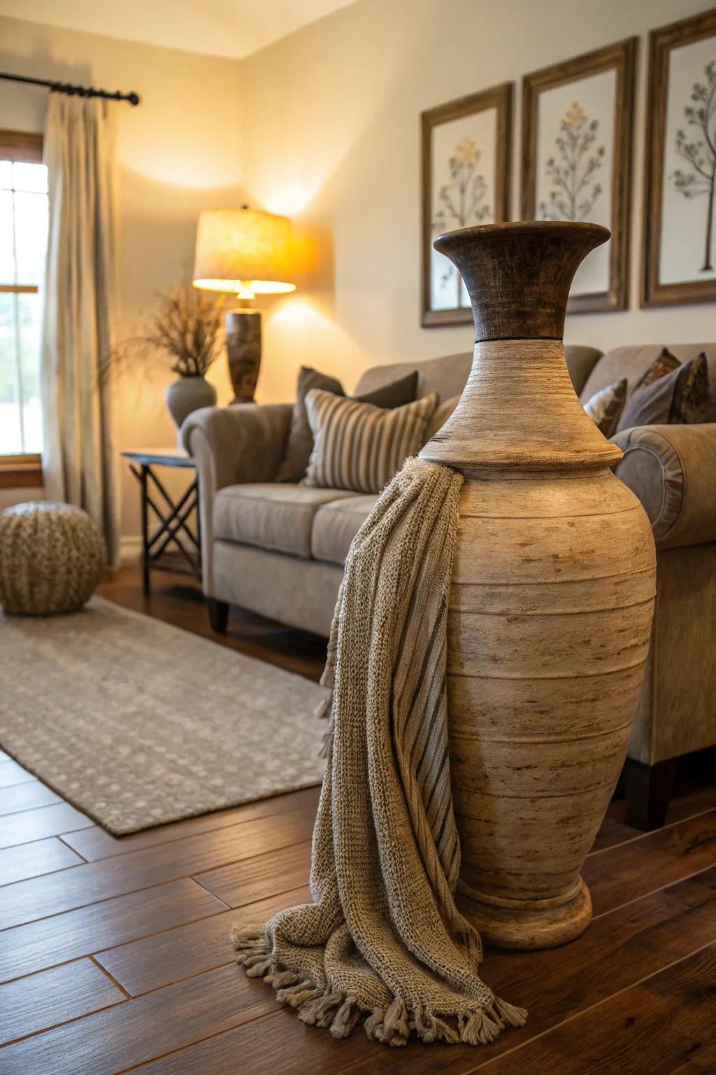 Textured cloths cast over a vase inject softness and a touchable element into d&eacute;cor.