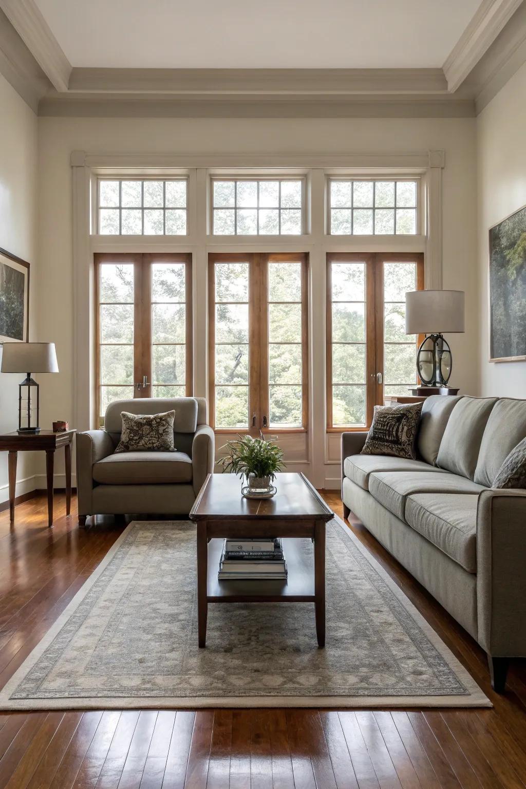 A balanced living area with a symmetrical furniture arrangement.