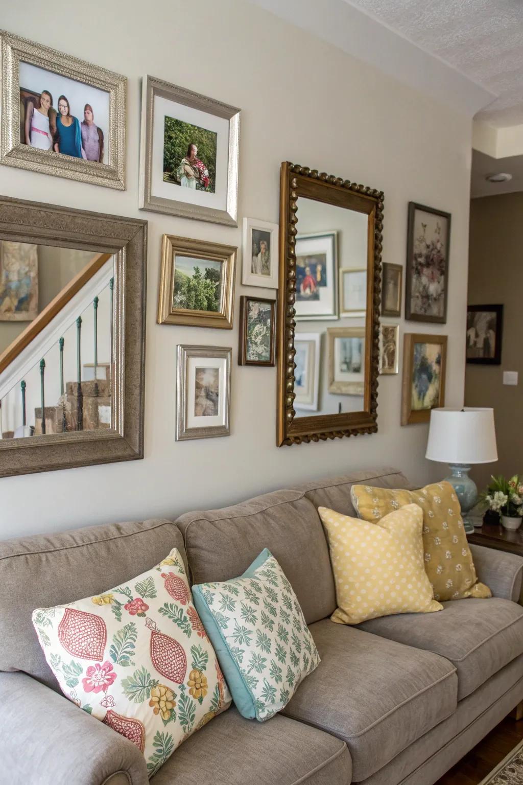 Amplify light using mirrors to enhance the sense of space within your wall presentation.