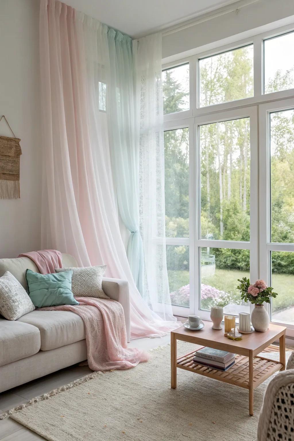 Craft a serene ambiance using clear drapes atop your picture windows.