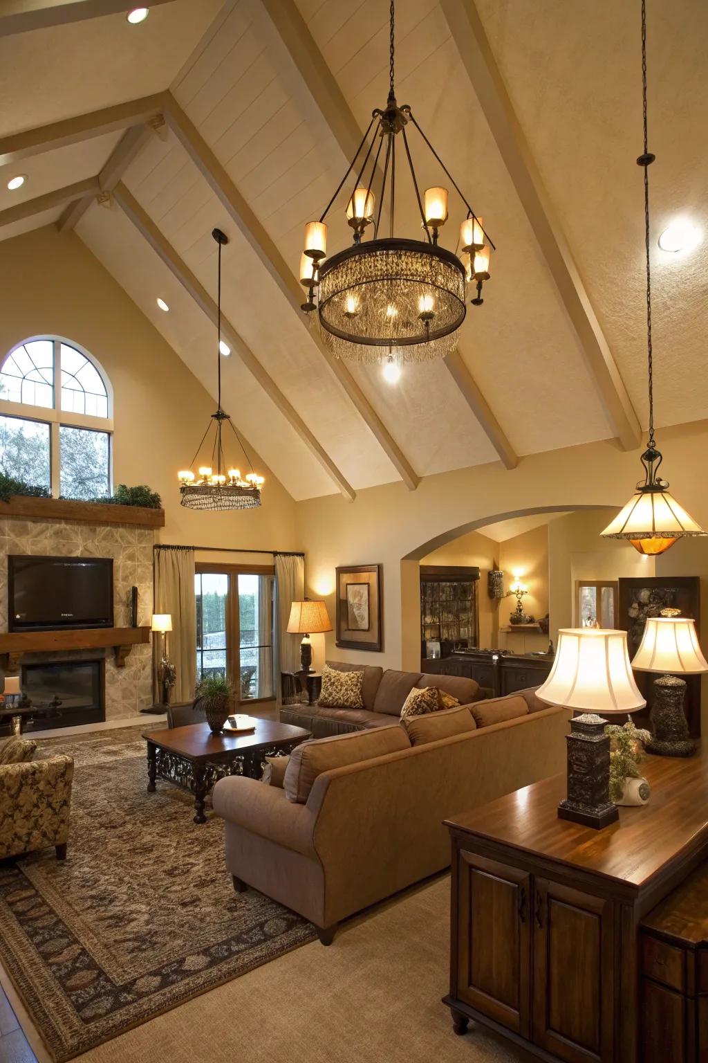 Layered lighting enhances the ambiance of a vaulted ceiling room.