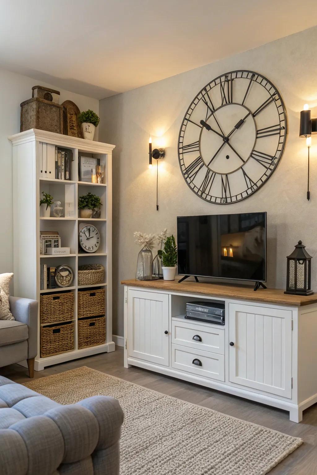 Functional décor paired with a wall clock boosts both style and utility.