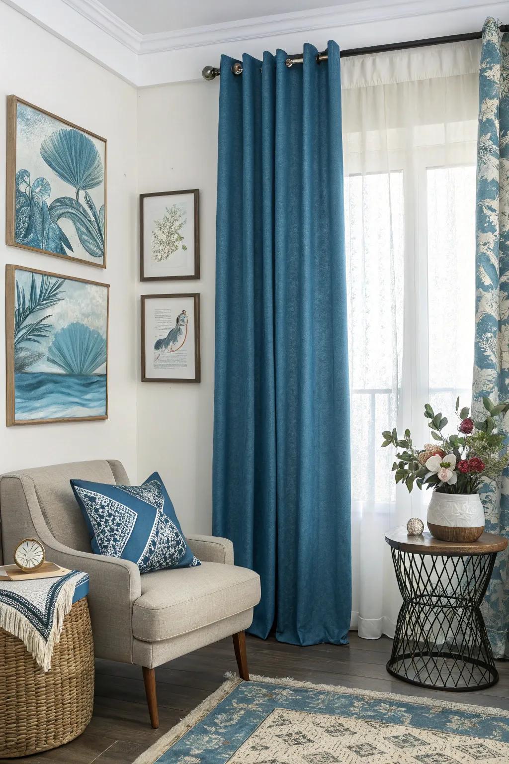 Art pieces with sky-tinted tones enrich the decor, beautifully complementing the sky-tinted drapes in this living room.
