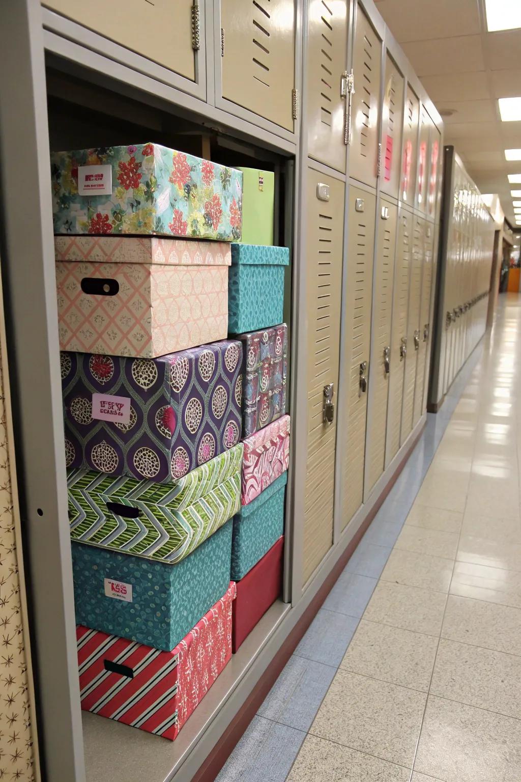A locker employing upcycled containers as storing options, wrapped in ornamental paper.