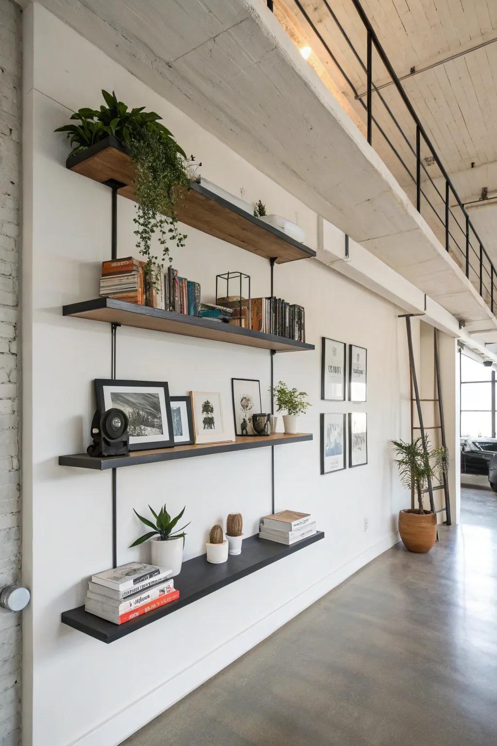 Minimalist suspended shelving within a loft setting.