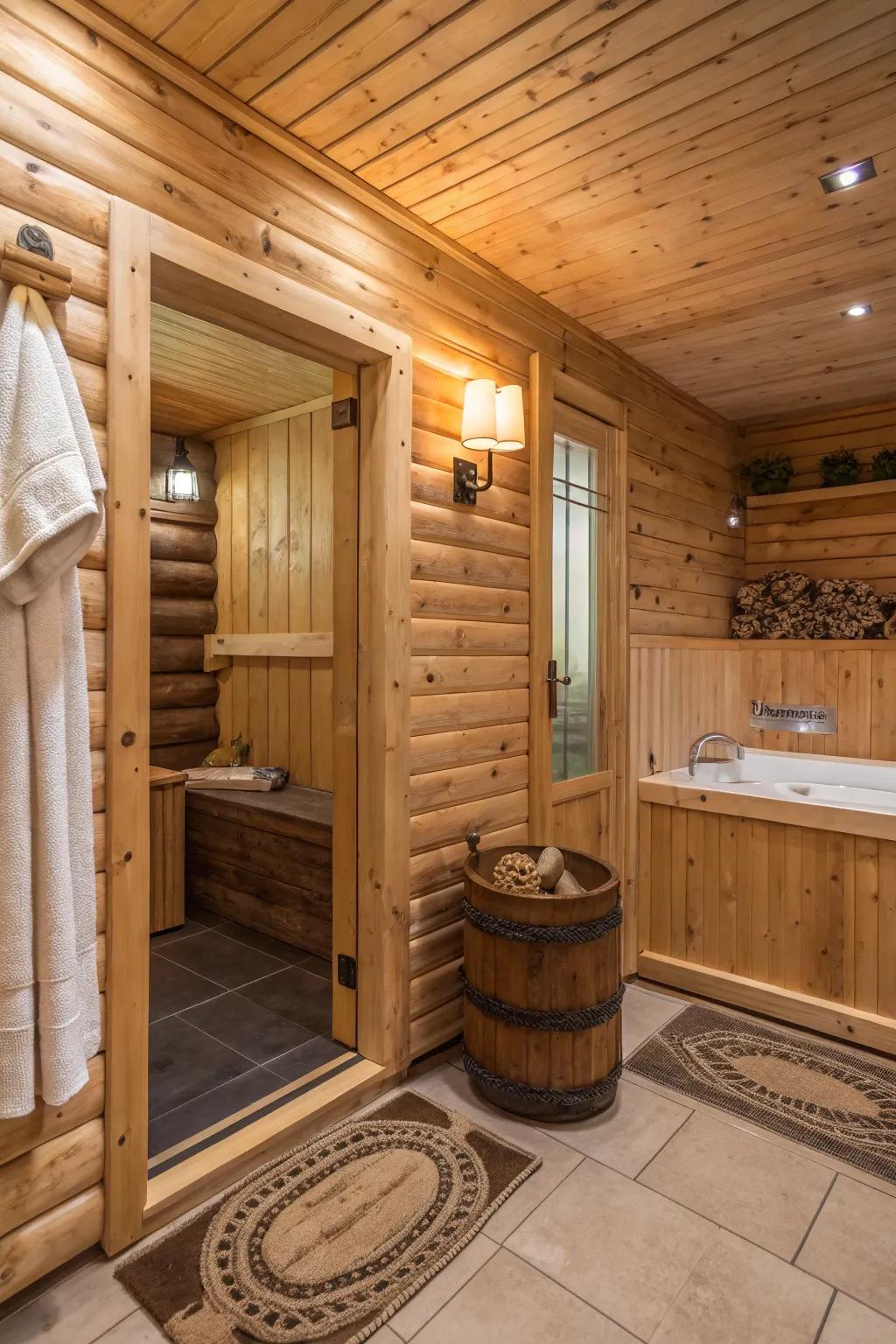 A log cabin bathroom that features a small sauna corner.