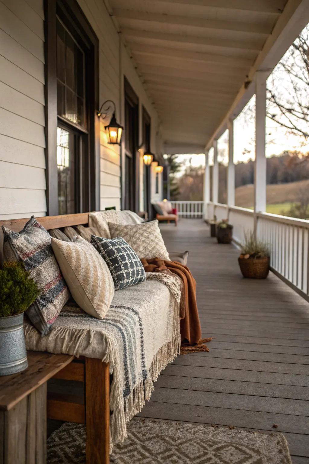 Soft textiles add comfort and warmth to a porch.