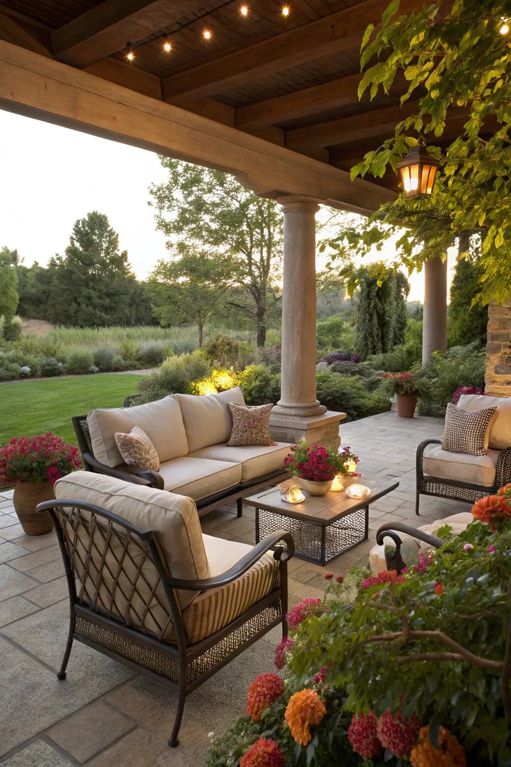 Outdoor living areas provide relaxation and reduce yard upkeep.